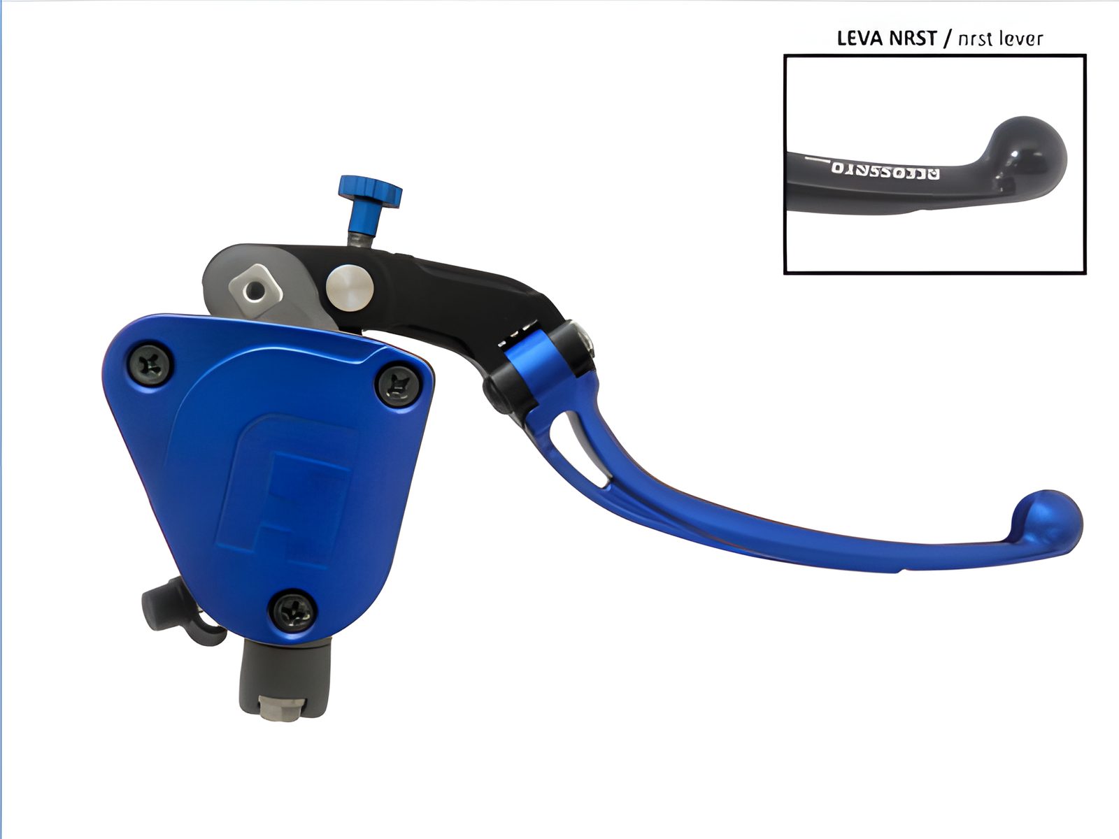 POMPA PRS REGOLABILE. 19 X 17-18-19 FRENO FORGIATA ACCOSSATO CON VASCHETTA INTEGRATA PER IMPIANTI BIDISCO, COLORE (POMELLO+LEVA+TAPPO)BLU