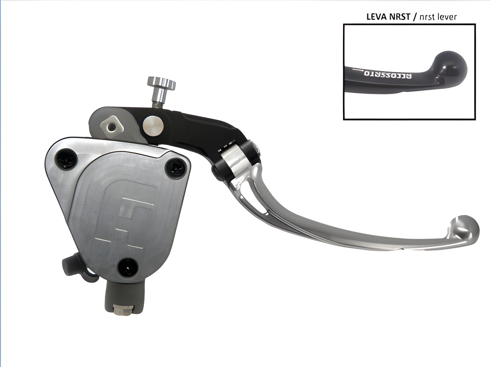 POMPA PRS REGOLABILE. 19 X 17-18-19 FRENO FORGIATA ACCOSSATO CON VASCHETTA INTEGRATA PER IMPIANTI BIDISCO, COLORE (POMELLO+LEVA+TAPPO) ARGENTO