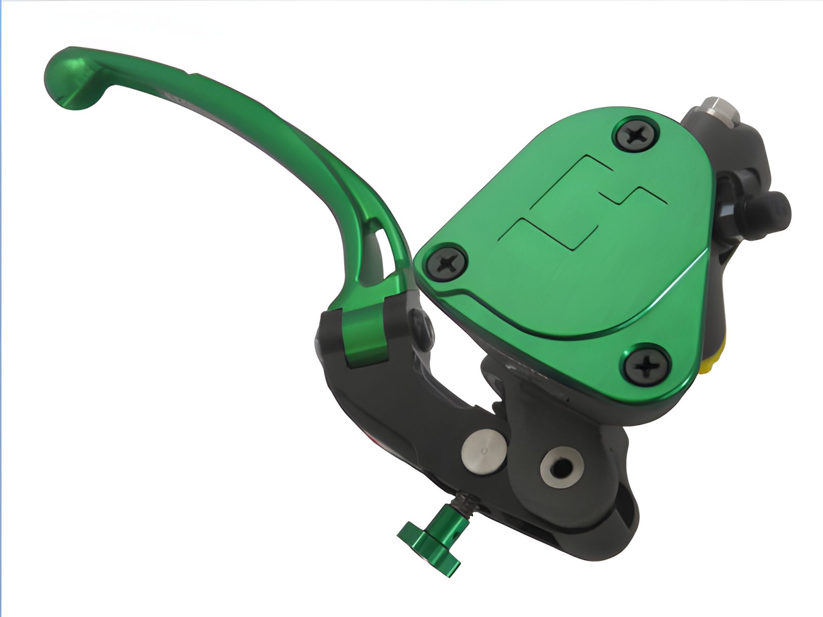 POMPA FRENO RADIALE 16X18 FORGIATA ACCOSSATO CON VASCHETTA INTEGRATA LEVA SNODATA PER IMPIANTI MONO DISCO, COLORE (POMELLO+LEVA+TAPPO)VERDE