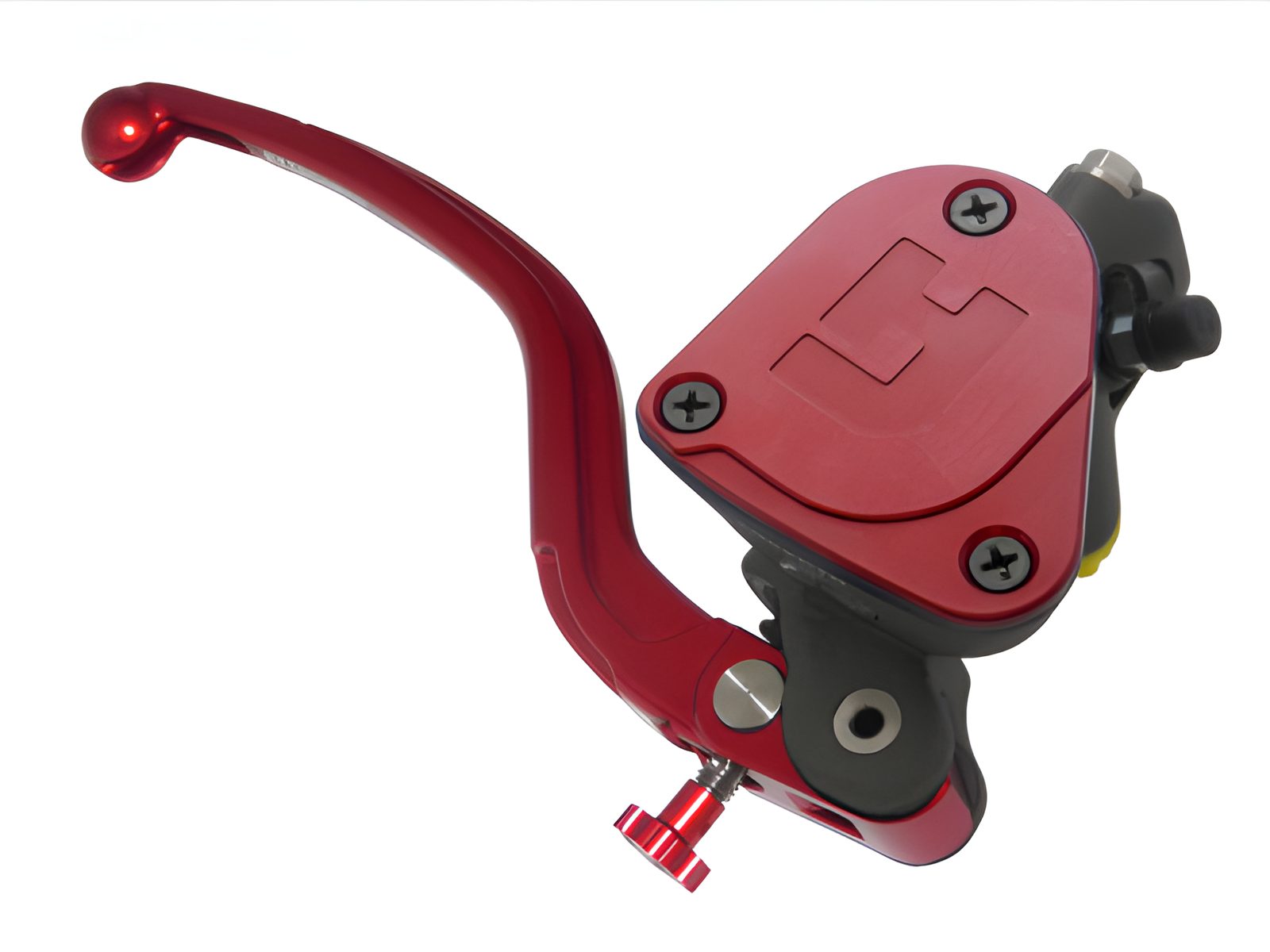 POMPA FRENO RADIALE 16X16 FORGIATA ACCOSSATO CON VASCHETTA INTEGRATA LEVA RADIALE FISSA PER IMPIANTI MONO DISCO, COLORE (POMELLO+LEVA+TAPPO) ROSSO
