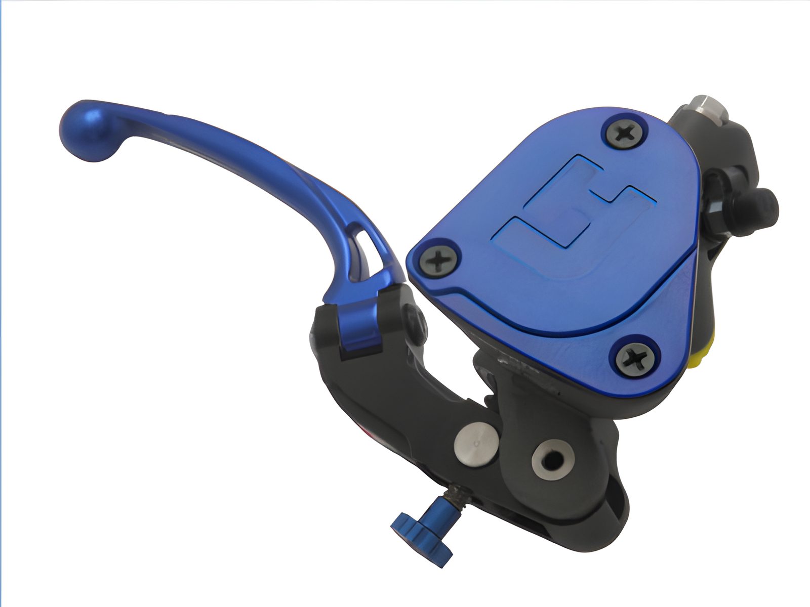 POMPA FRENO RADIALE 19X19 FORGIATA ACCOSSATO CON VASCHETTA INTEGRATA LEVA SNODATA PER IMPIANTI BIDISCO, COLORE (POMELLO+LEVA+TAPPO) BLU